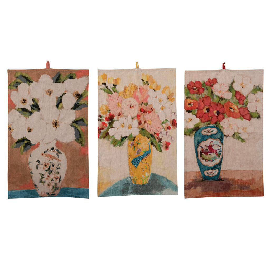 COTTON CHAMBRAY PRINTED TEA TOWEL WITH FLOWERS IN VASE