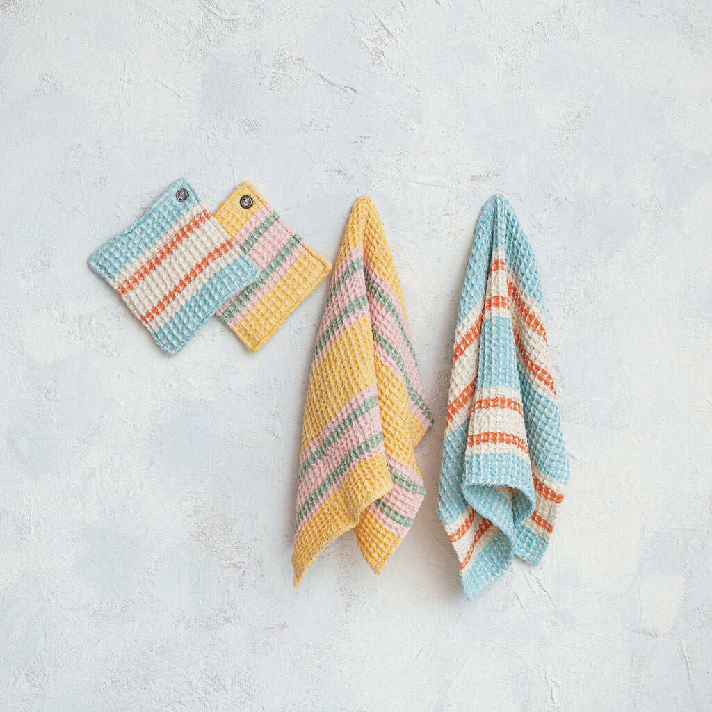 WOVEN COTTON WAFFLE WEAVE TEA TOWEL WITH STRIPES