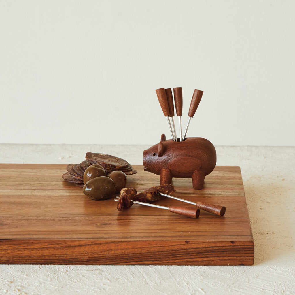 WOODEN PIG WITH APPETIZER FORKS