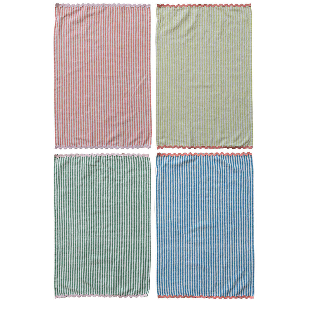 WOVEN COTTON STRIPED TEA TOWEL WITH RIC RAC TRIM