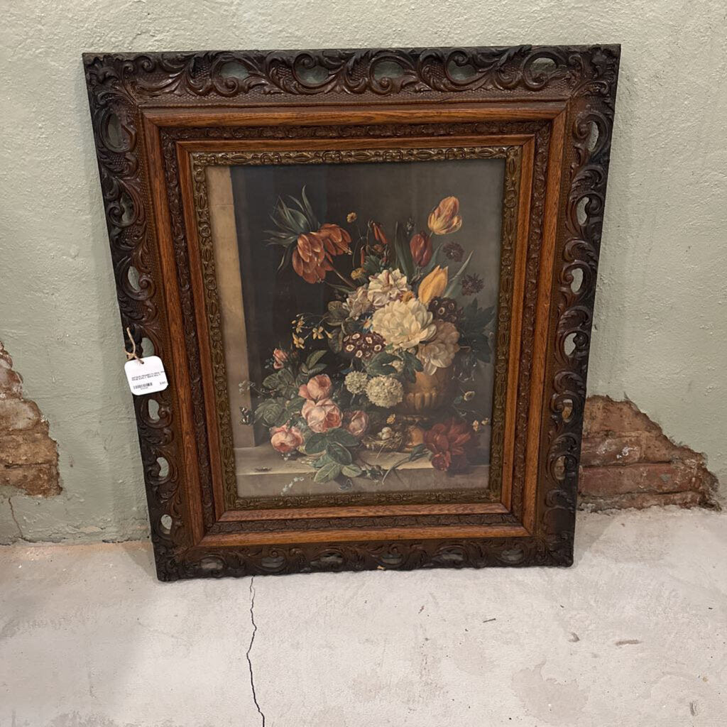 ANTIQUE FRAMED FLORAL PRINT FROM EARLY 1800'S
