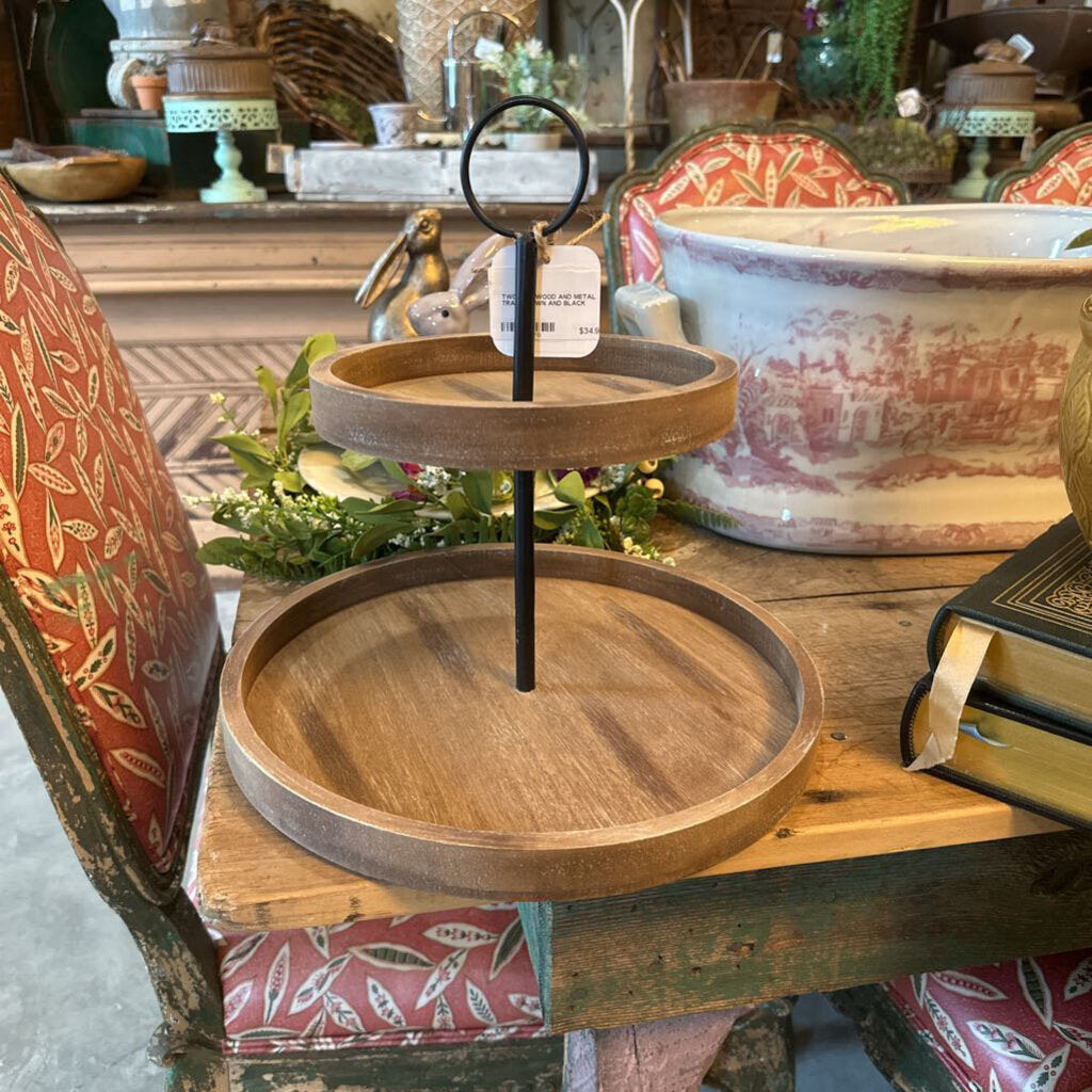 TWO TIER WOOD AND METAL TRAY