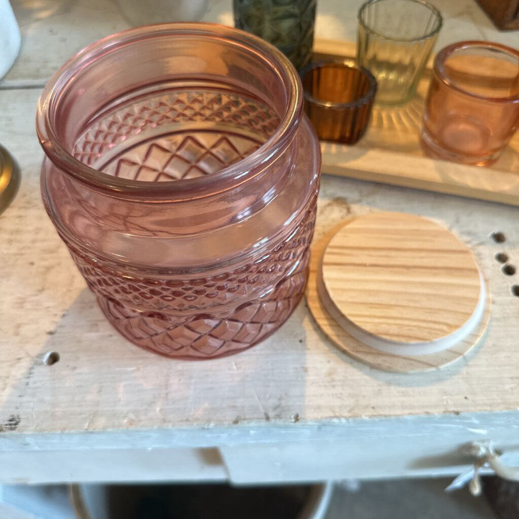 TEXTURED GLASS JAR WITH WOOD LID