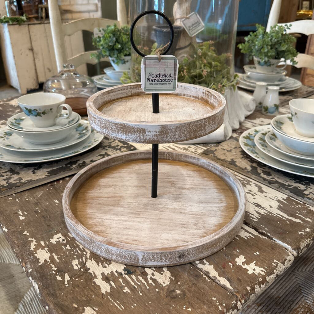 TWO TIER WOOD AND METAL TRAY