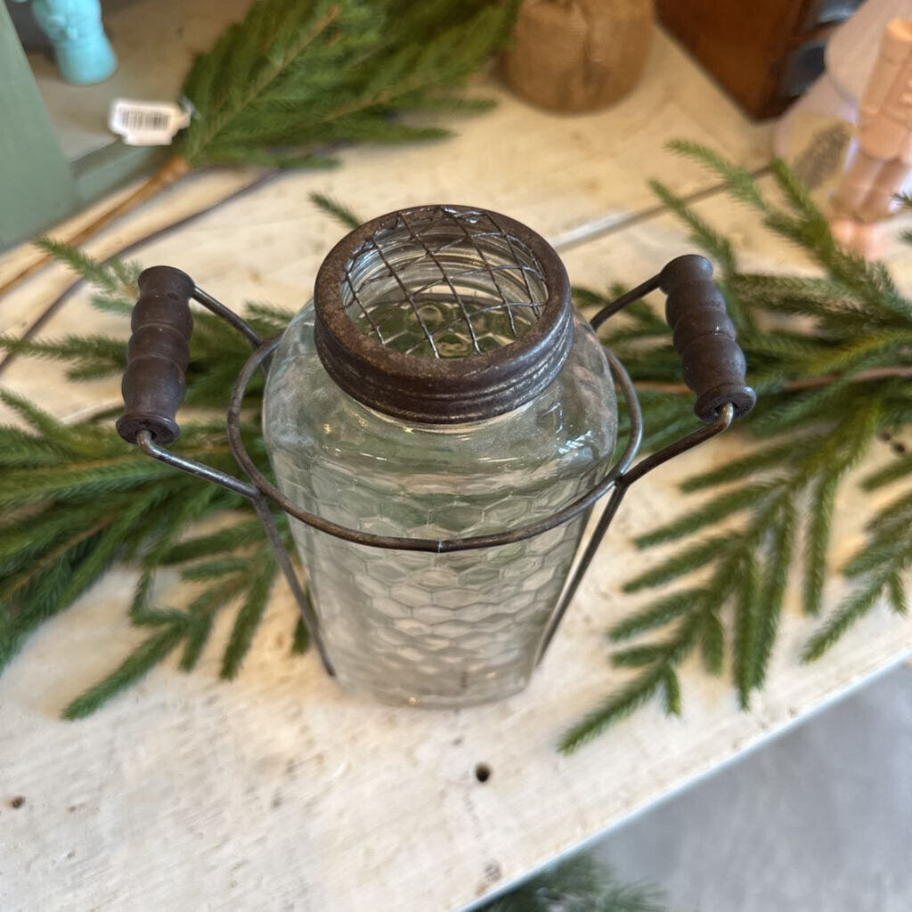 HONEYCOMB GLASS JAR IN METAL STAND WITH FLOWER HOLDER TOP