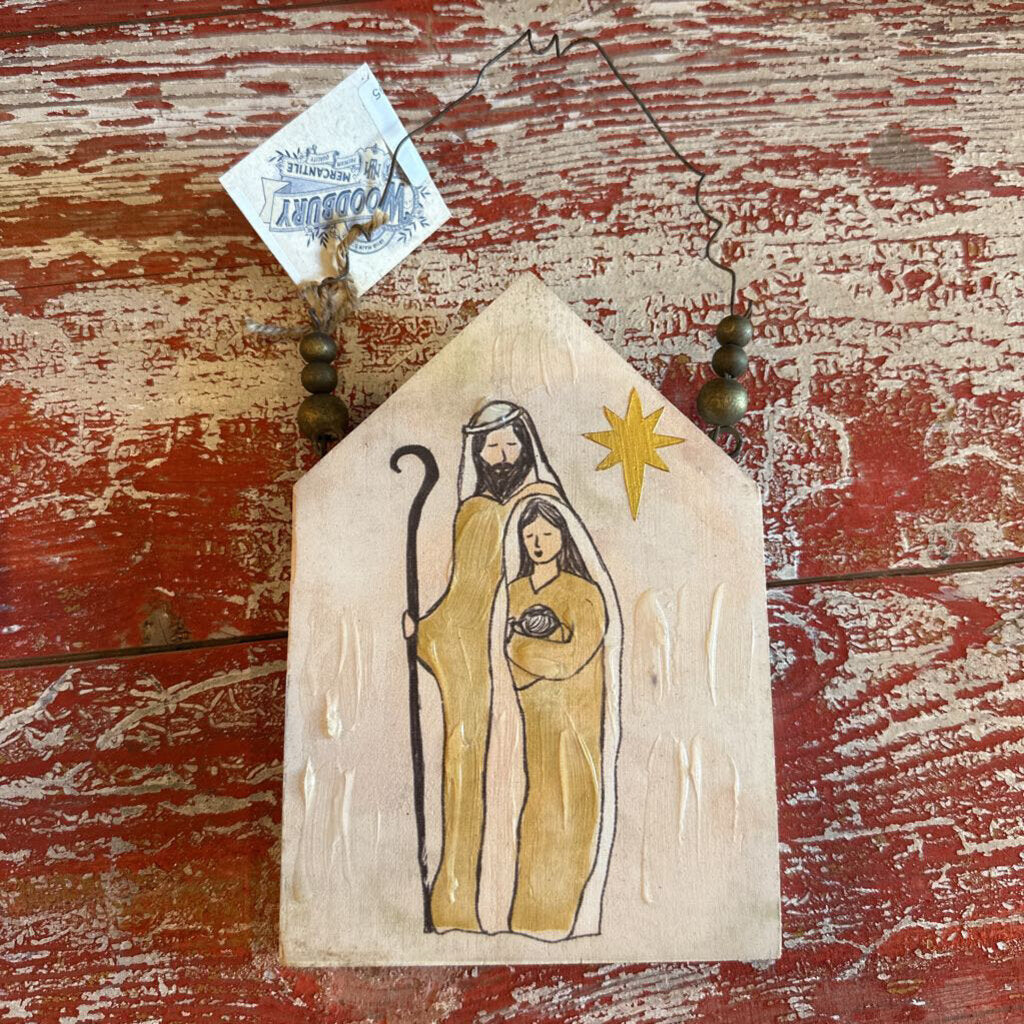 WOOD ORNAMENT WITH HOLY FAMILY IMAGE