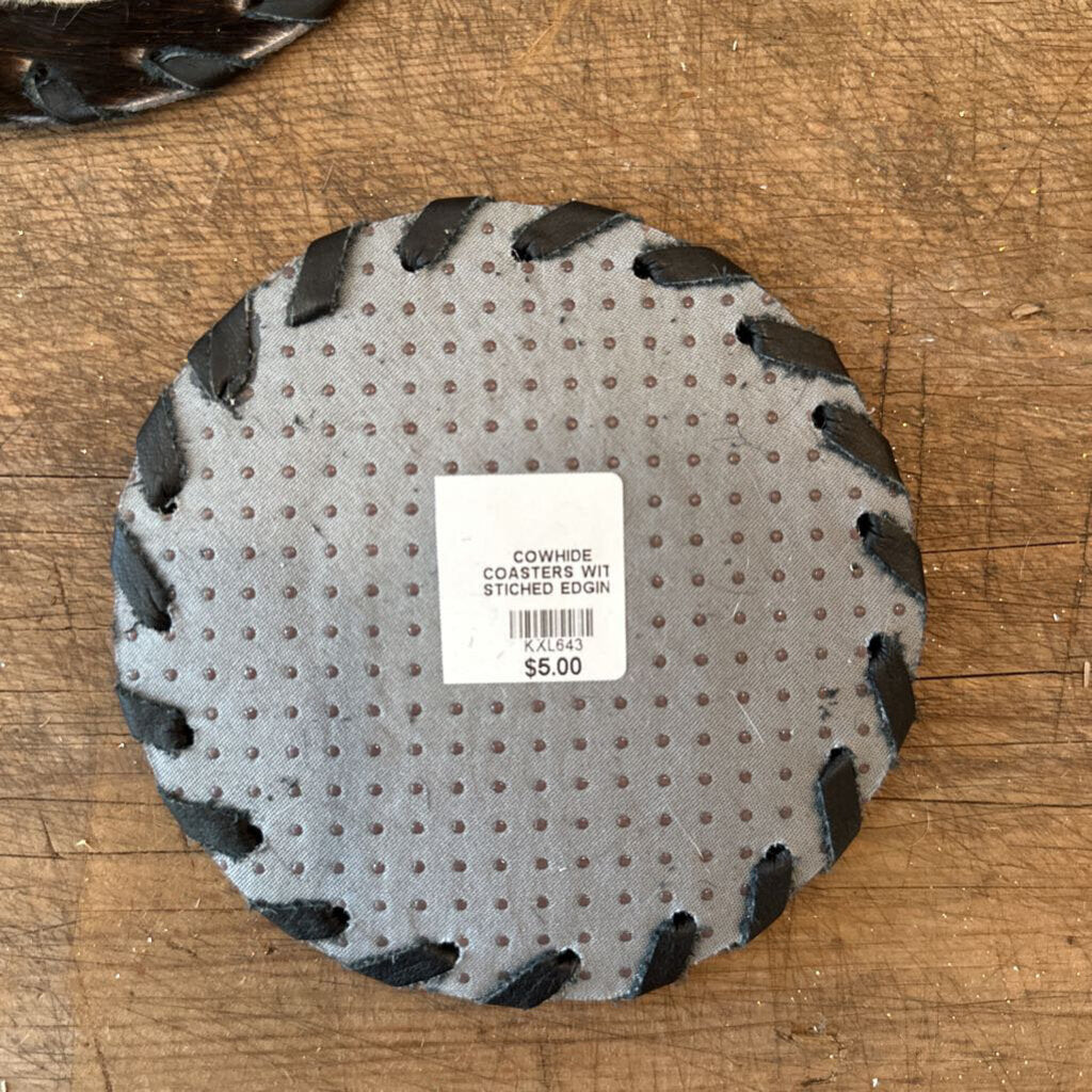 COWHIDE COASTERS WITH STITCHED EDGING