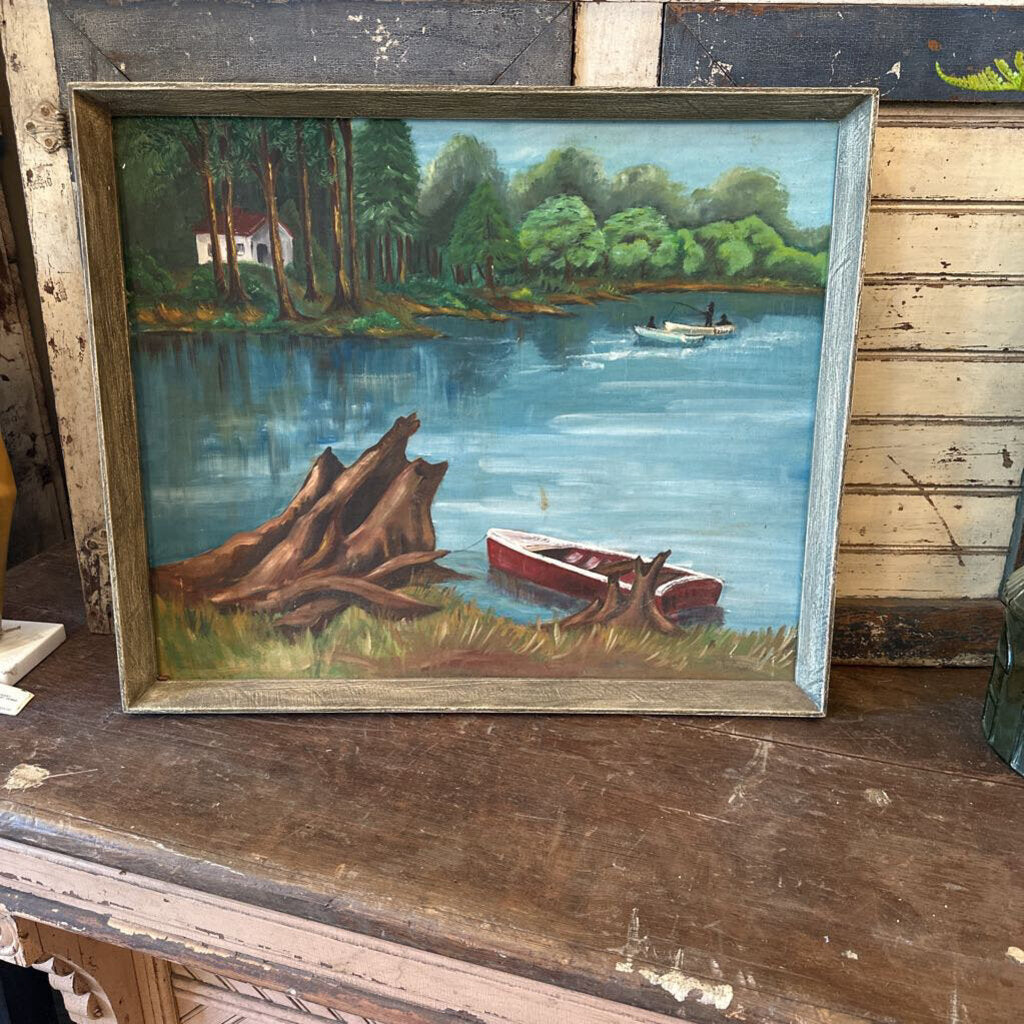 VINTAGE FRAMED PAINTING OF BOAT