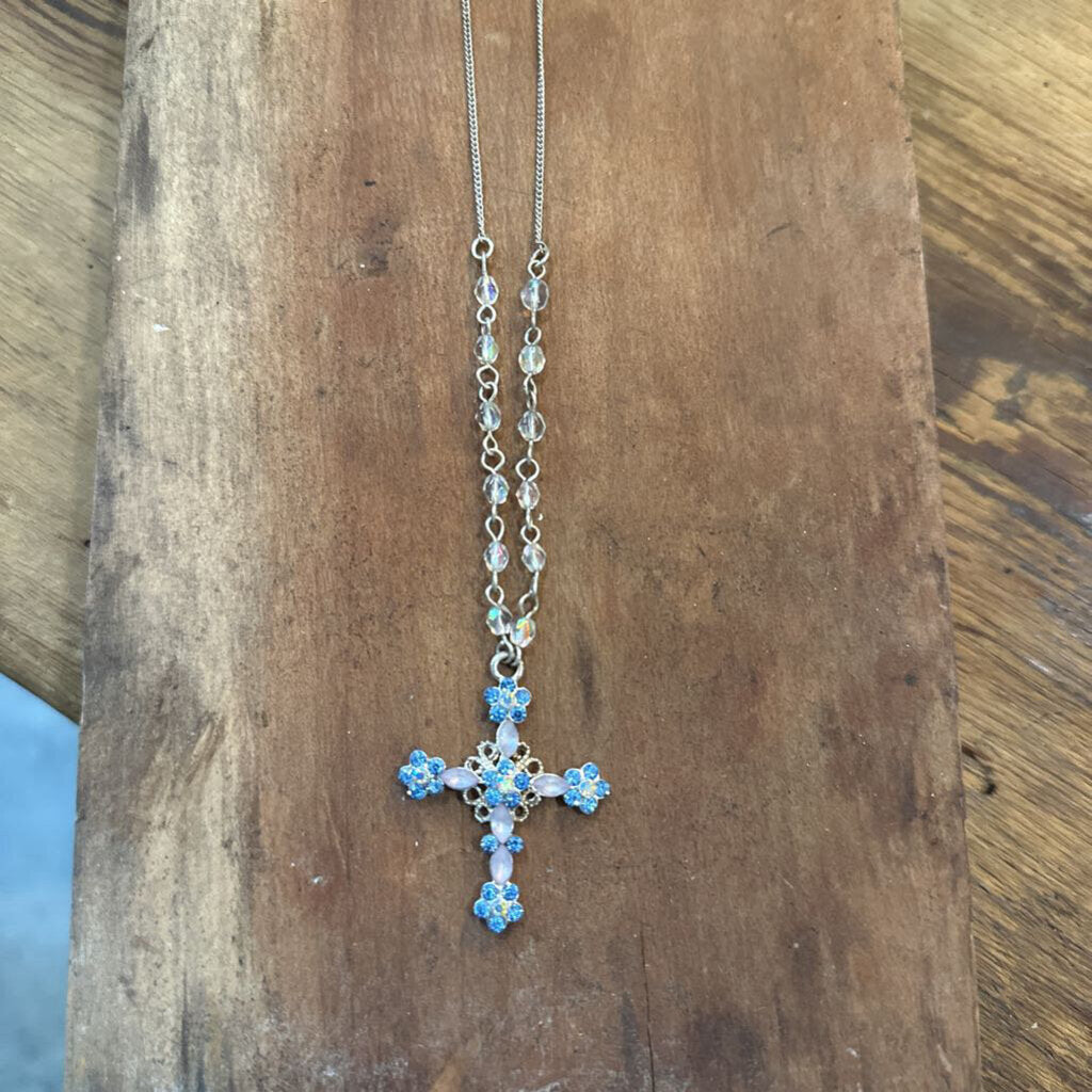 RHINESTONE FLOWER CROSS NECKLACE