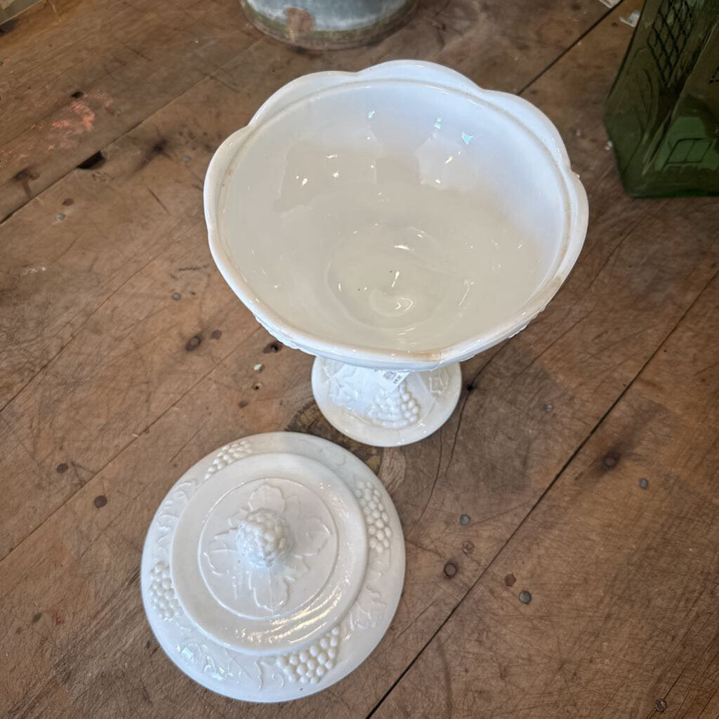 MILK GLASS PEDESTAL DISH WITH LID