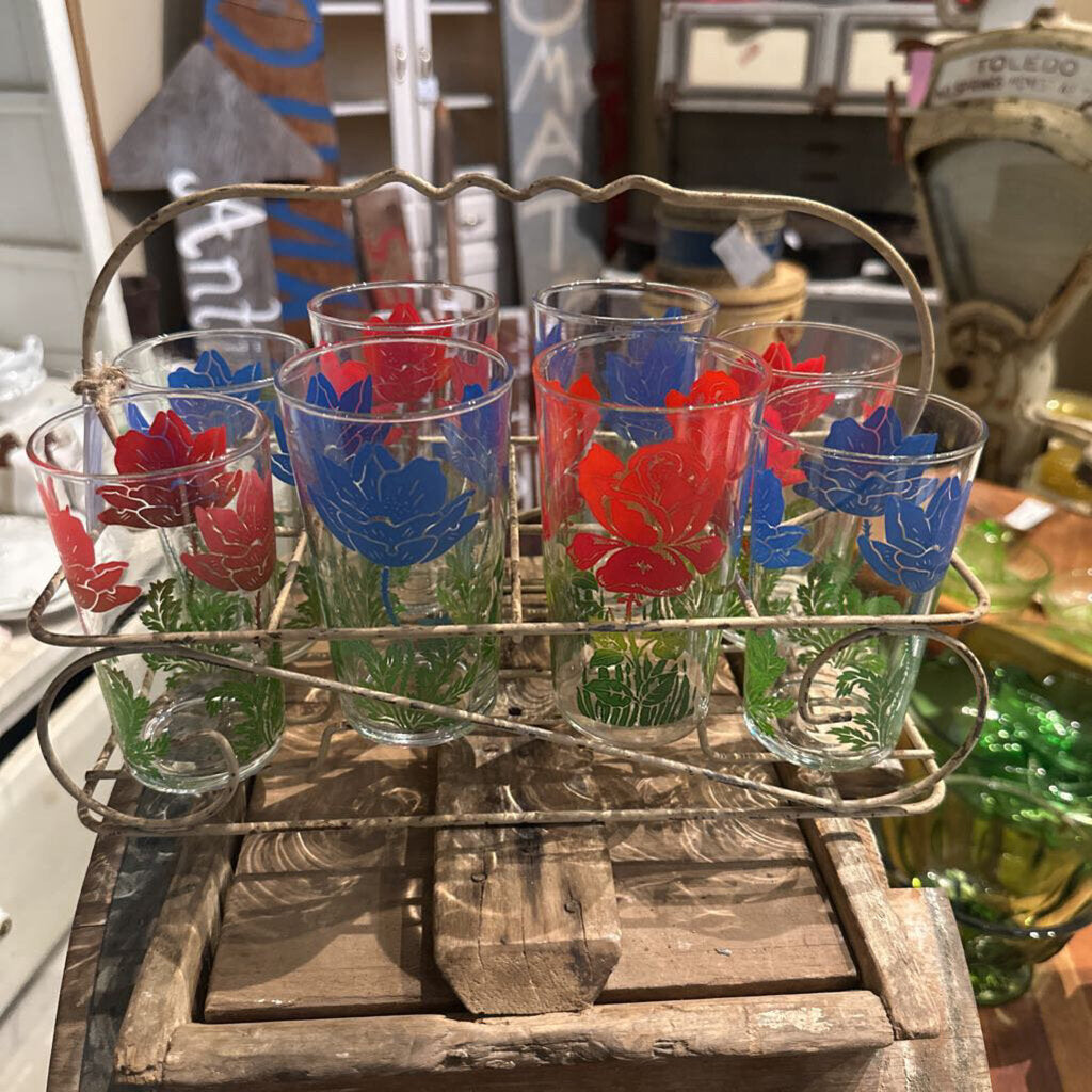 BOSCUL PEANUT BUTTER FLORAL GLASSES IN WIRE CARRIER