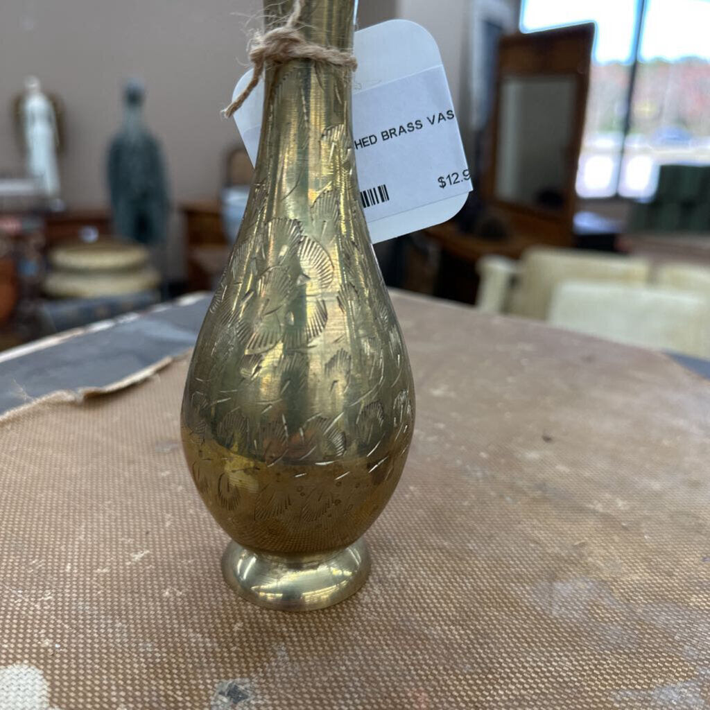 VINTAGE ETCHED BRASS VASE