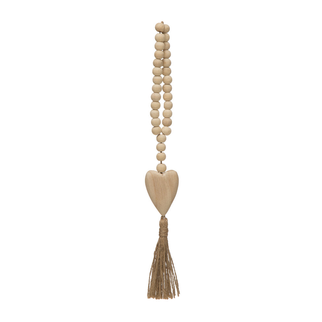 WOOD BEADS AND HEART ICON AND JUTE TASSEL