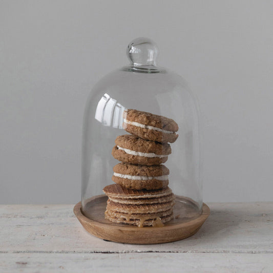 GLASS CLOCHE WITH MANGO WOOD BASE