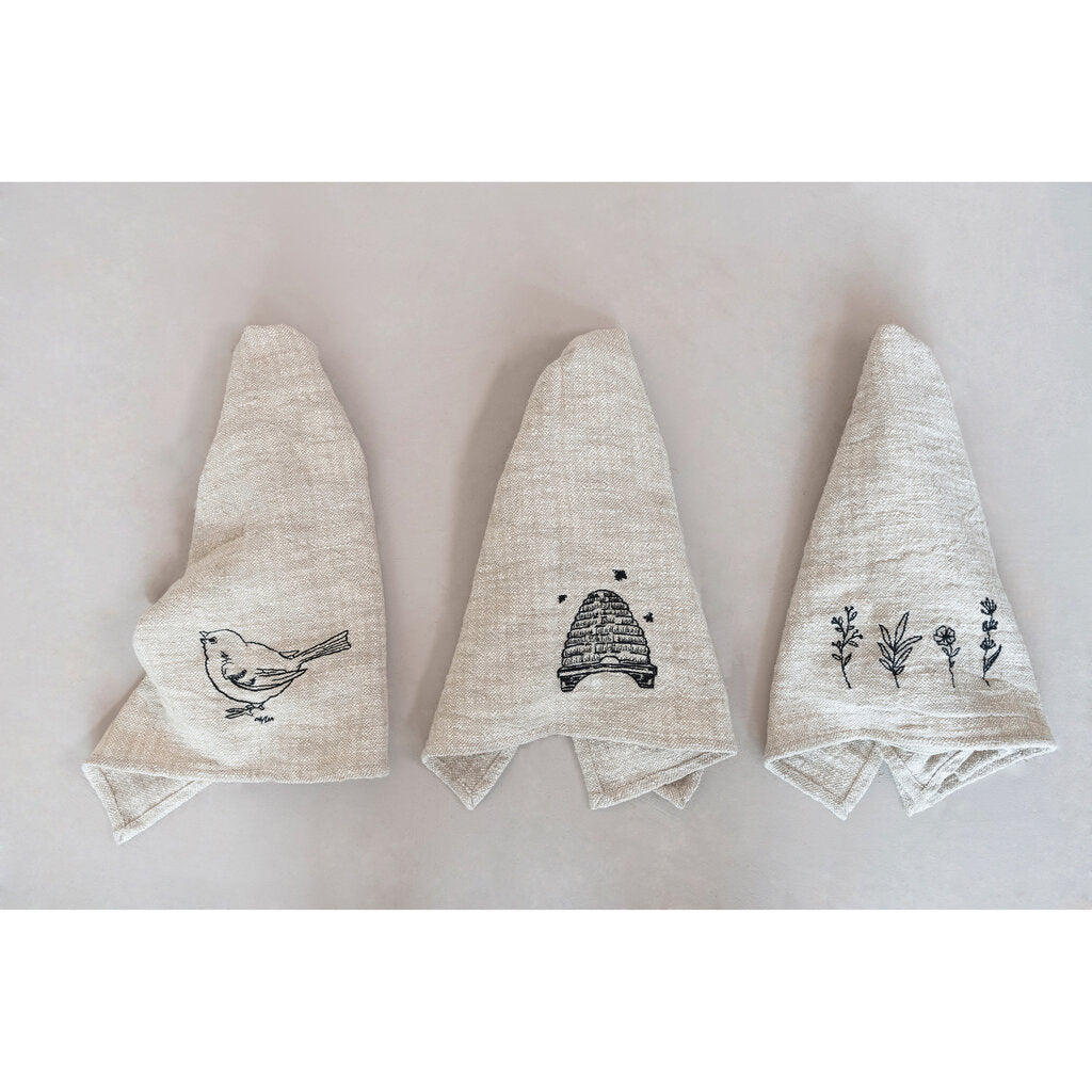 LINEN AND COTTON SLUB EMBROIDERED TEA TOWEL