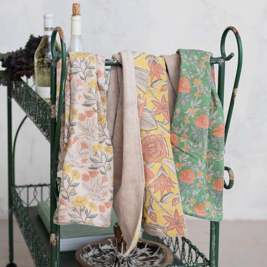 COTTON PRINTED FLORAL TEA TOWEL WITH TERRY BACK