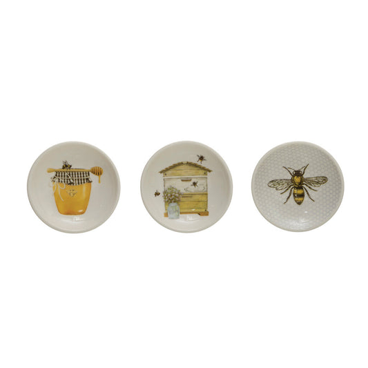 ROUND STONEWARE DISH WITH BEES AND HONEY