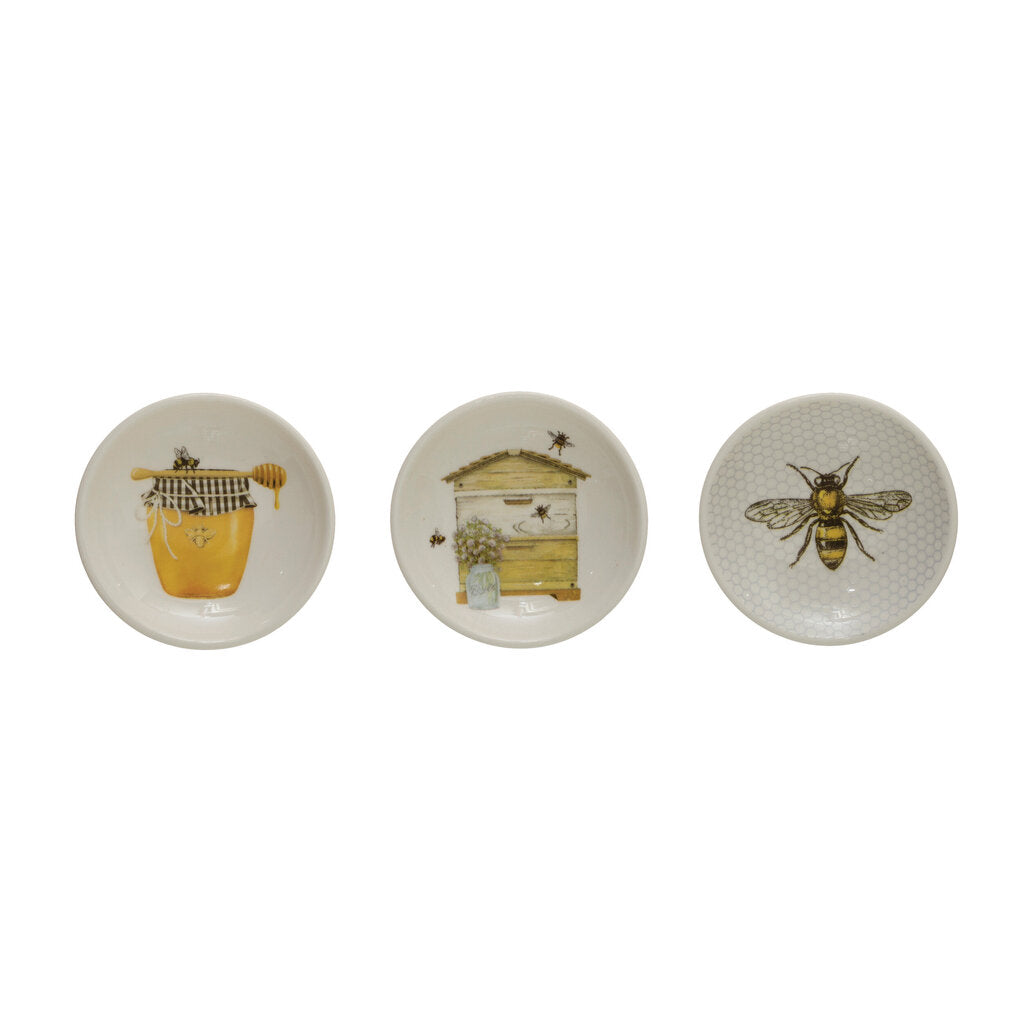 ROUND STONEWARE DISH WITH BEES AND HONEY