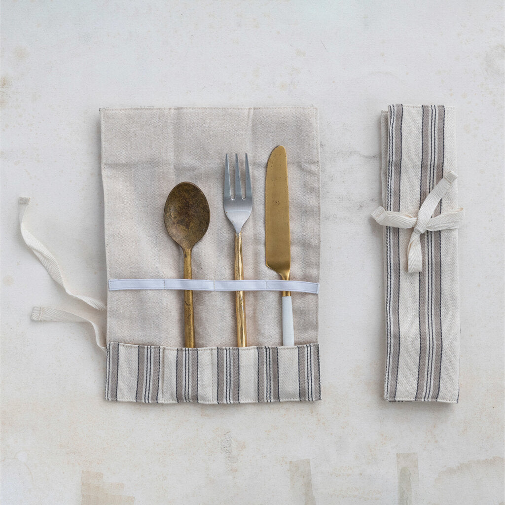 WOVEN COTTON ROLL-UP CUTLERY POUCH
