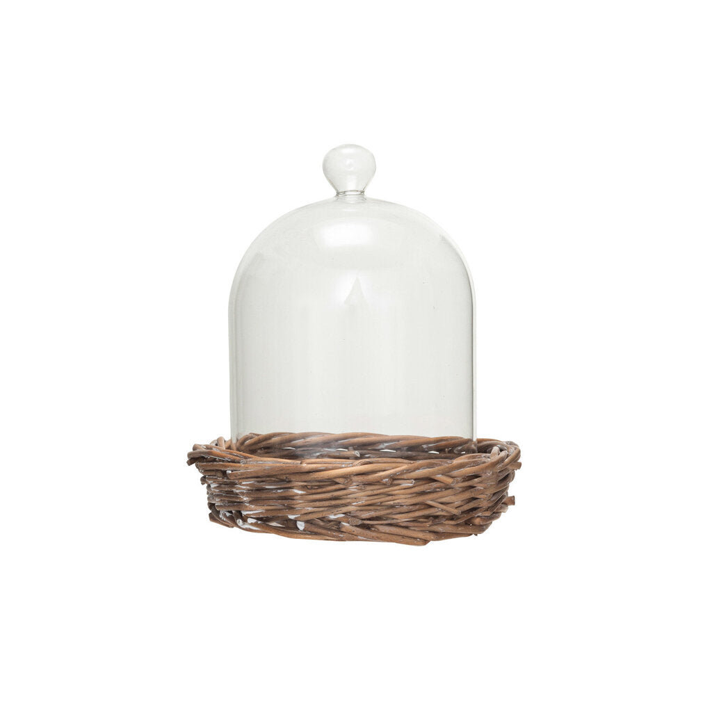 DECORATIVE GLASS CLOCHE WITH WOVEN WILLOW BASE
