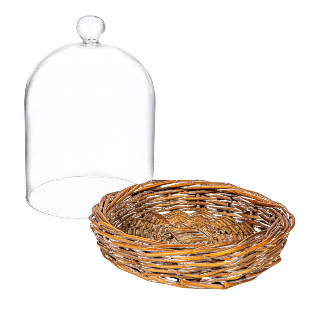 DECORATIVE GLASS CLOCHE WITH WOVEN WILLOW BASE