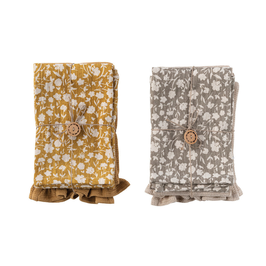 COTTON SLUB PRINTED AND COTTON WAFFLE TEA TOWEL SET