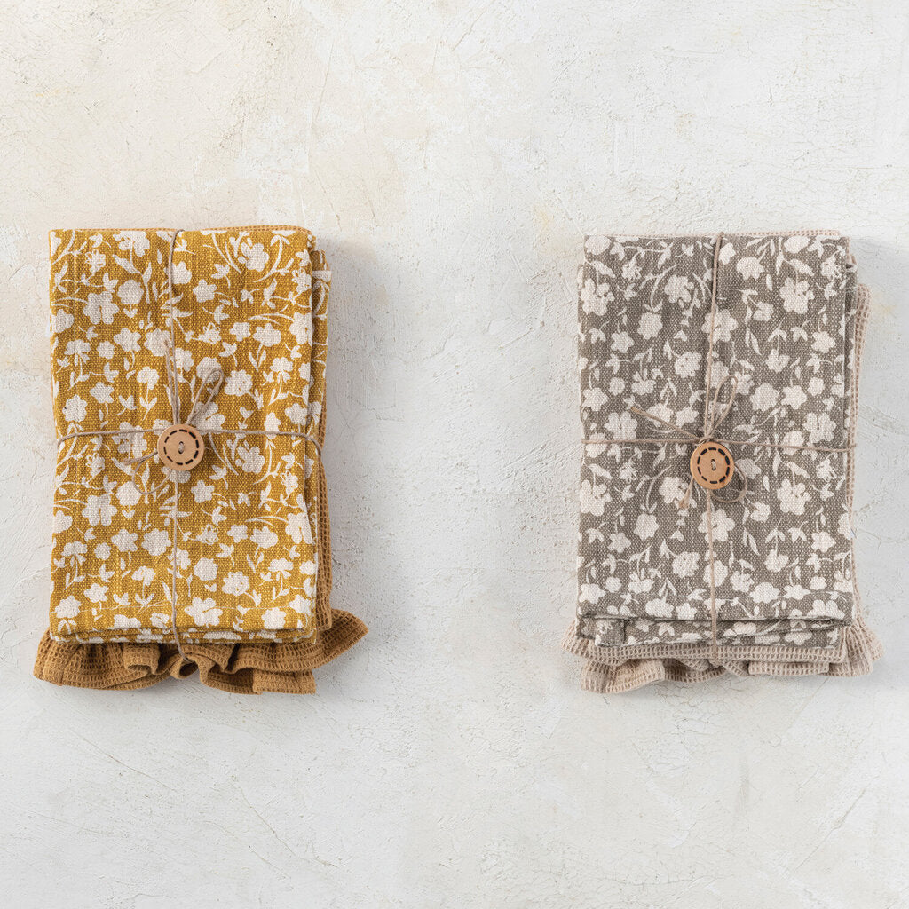 COTTON SLUB PRINTED AND COTTON WAFFLE TEA TOWEL SET