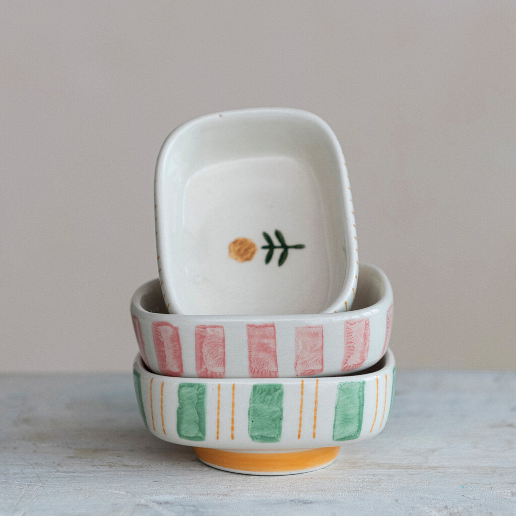 HAND PAINTED STONEWARE DISH WITH STRIPES AND FLOWERS