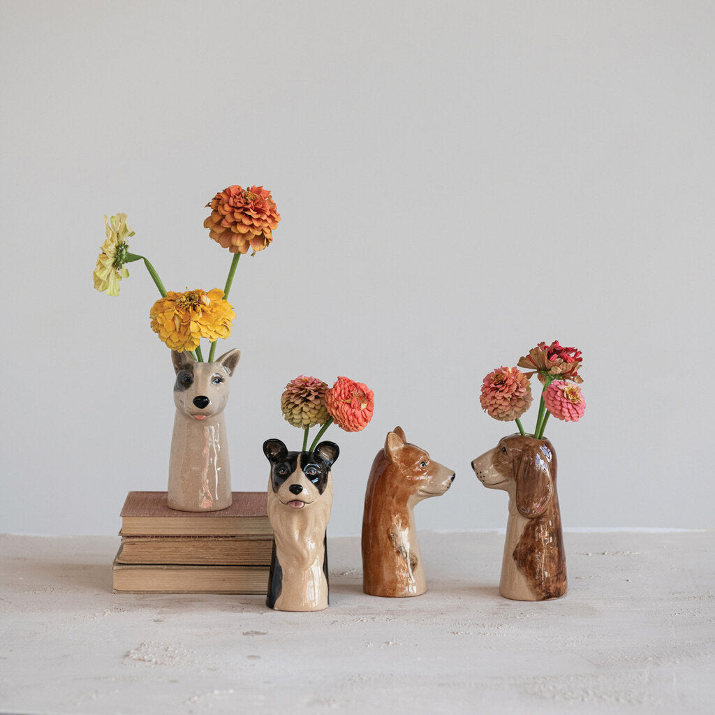 HAND PAINTED STONEWARE DOG VASE