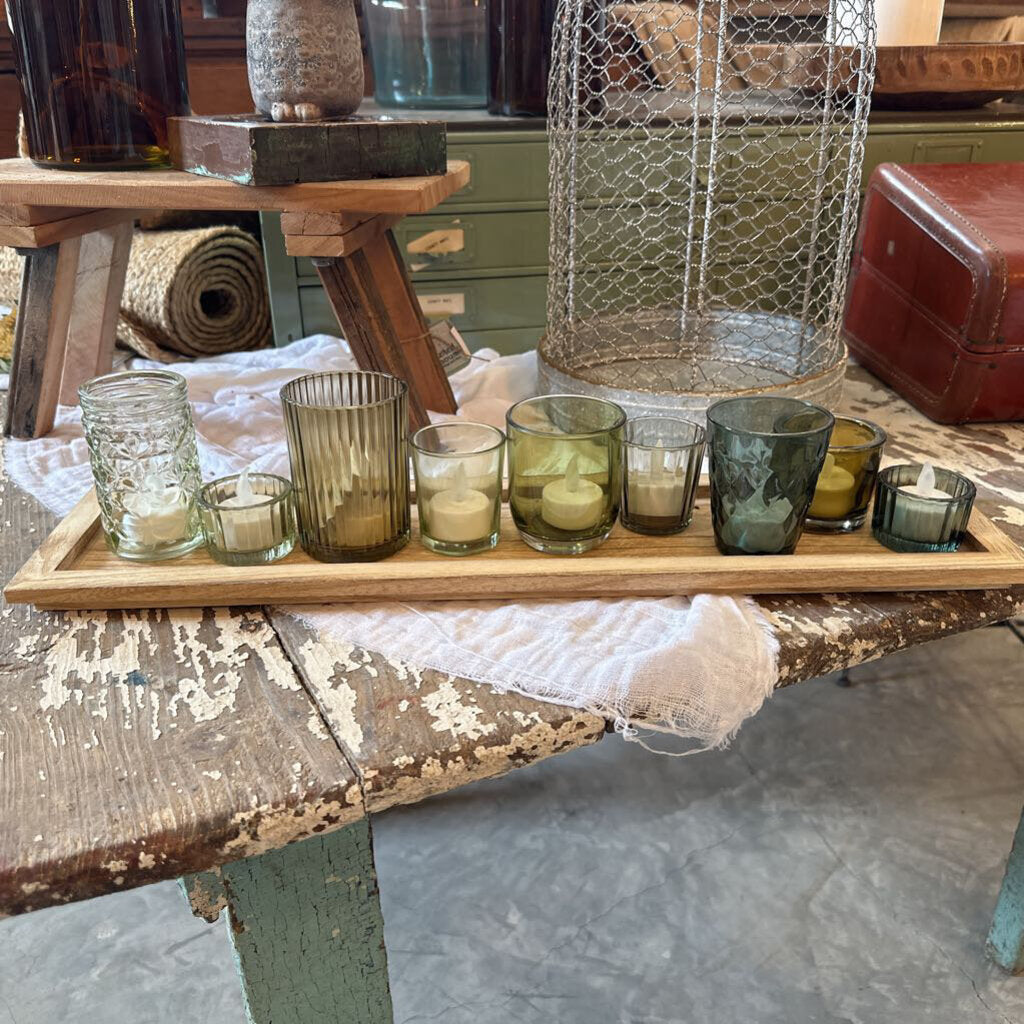 WOOD TRAY WITH NINE VOTIVE HOLDERS