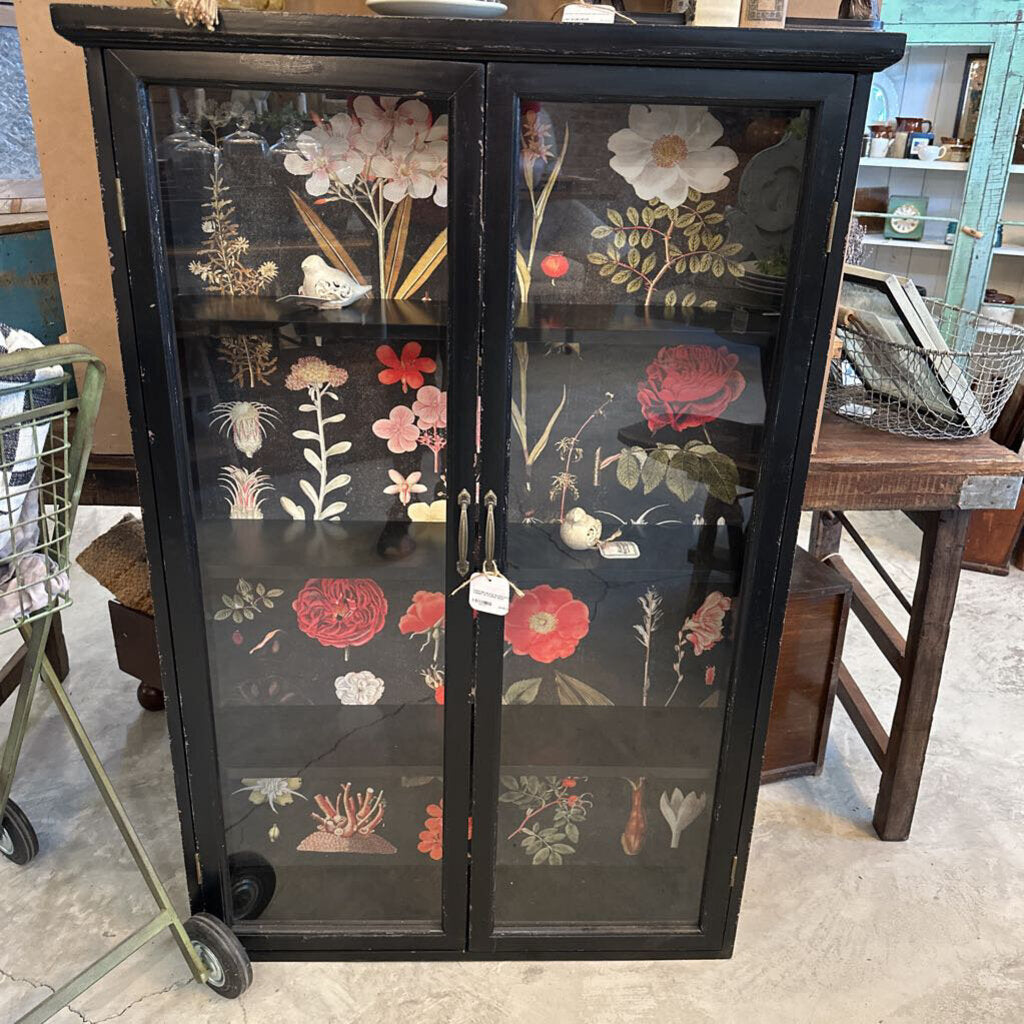 GLASS DOOR CABINET WITH FLORAL BACK