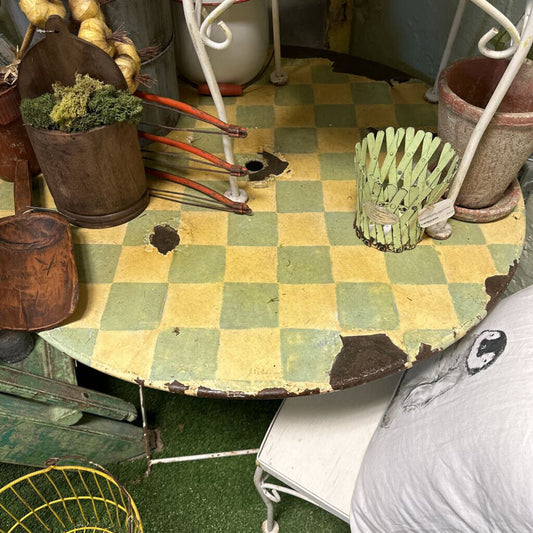 FRENCH GARDEN TABLE WITH CHECKERED ENAMEL TOP