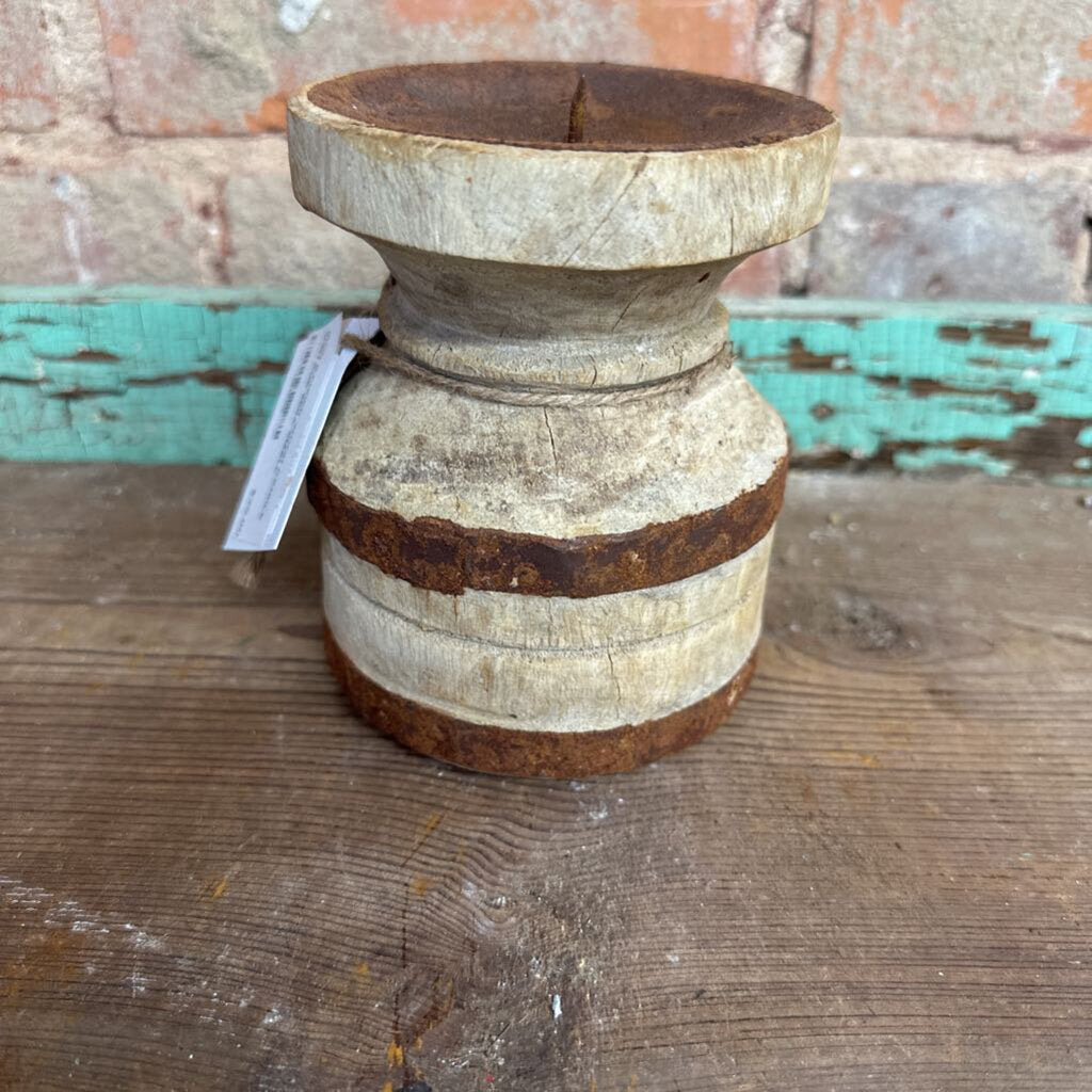 IRON BANDED WOOD CANDLE HOLDER FROM INDIA