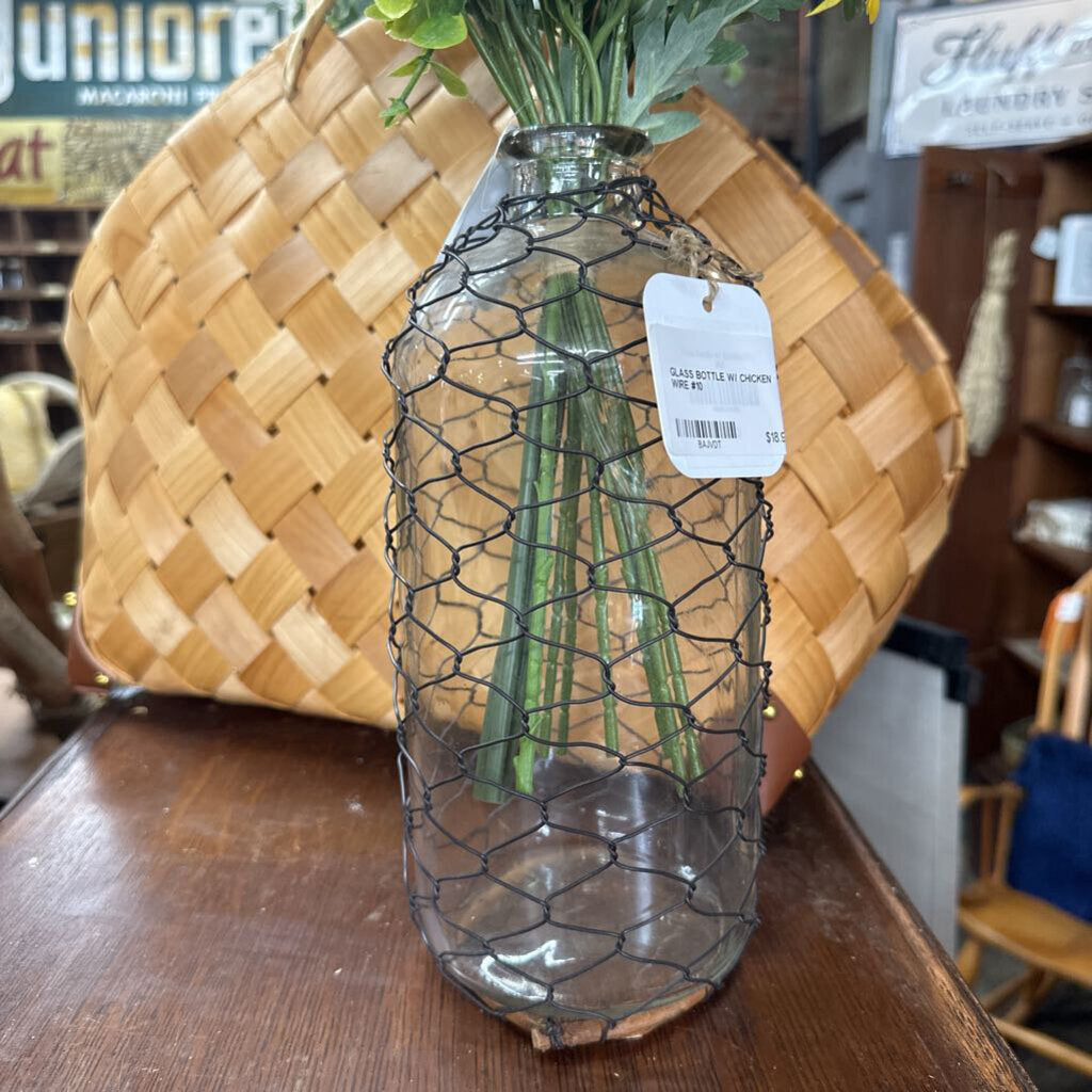 GLASS BOTTLE WITH CHICKEN WIRE