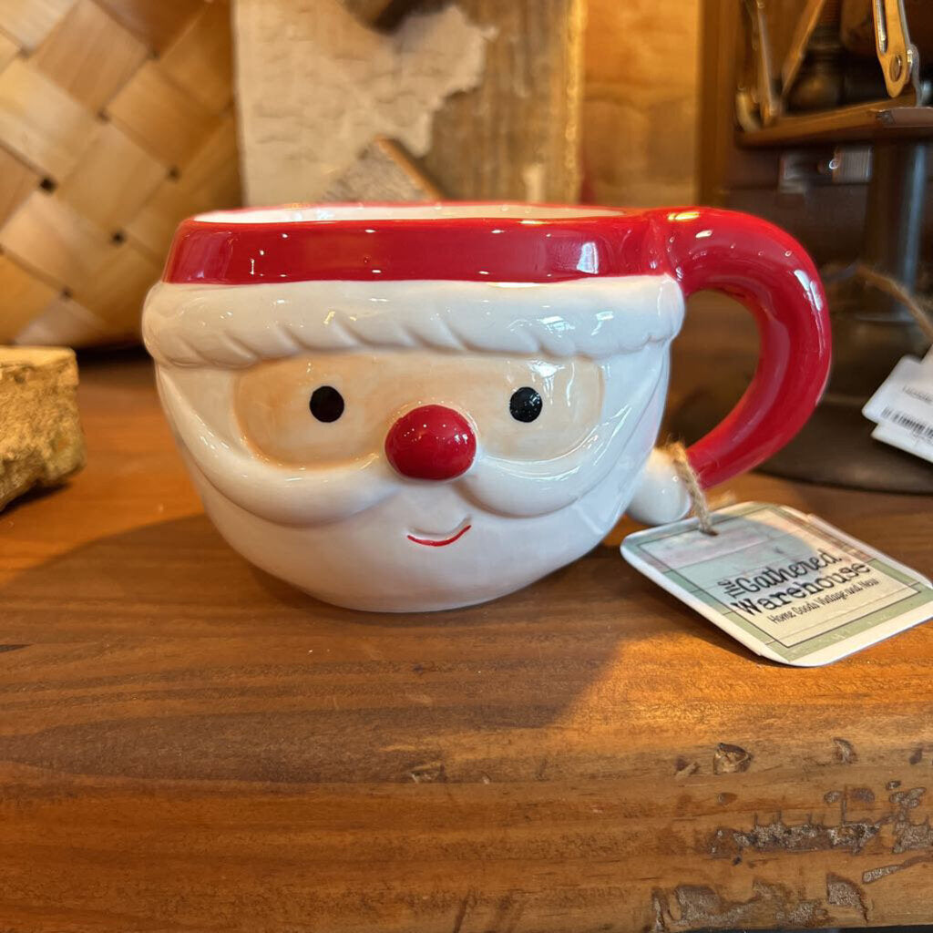 HANDPAINTED STONEWARE SANTA MUG WITH HAT HANDLE