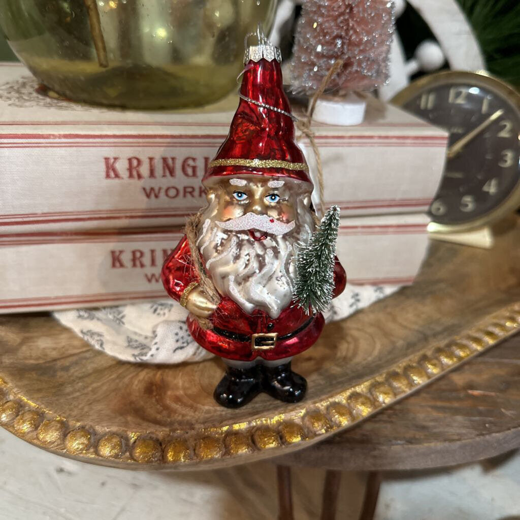 HAND PAINTED GLASS GARDEN SANTA ORNAMENT WITH BOTTLE BRUSH TREES