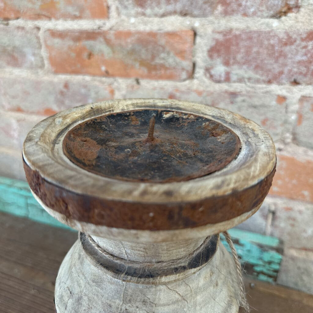 IRON BANDED WOOD CANDLE HOLDER FROM INDIA