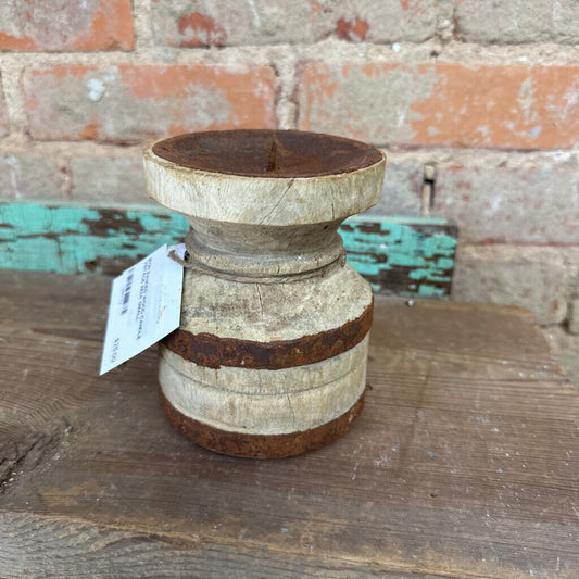 IRON BANDED WOOD CANDLE HOLDER FROM INDIA