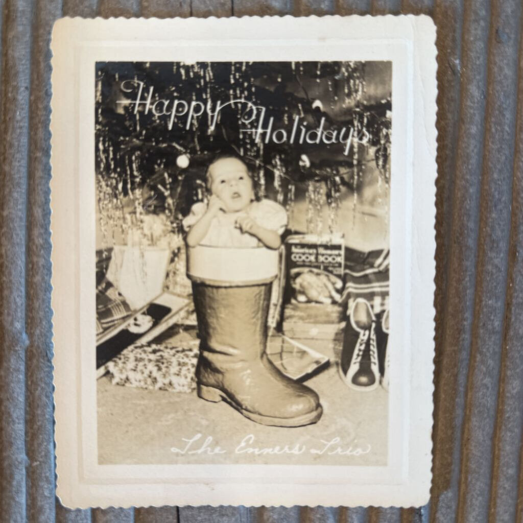 HOLIDAY CARD WITH BABY IN BOOT