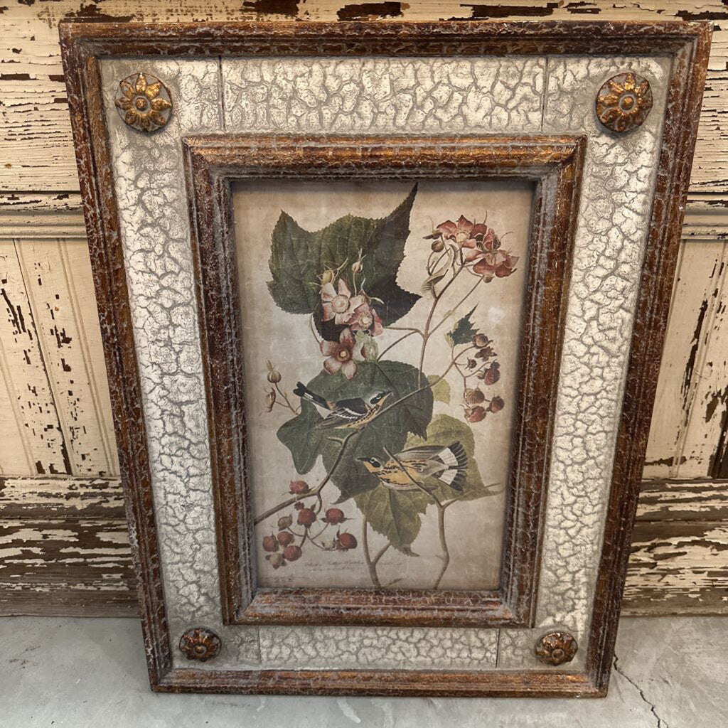 BIRD/FLORAL IN AGED FRAME