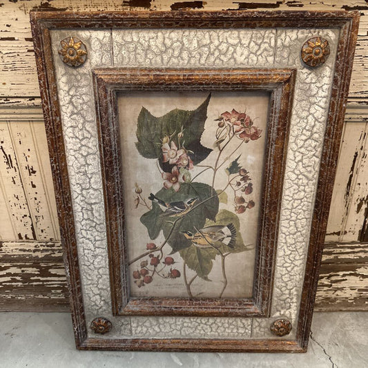 BIRD/FLORAL IN AGED FRAME