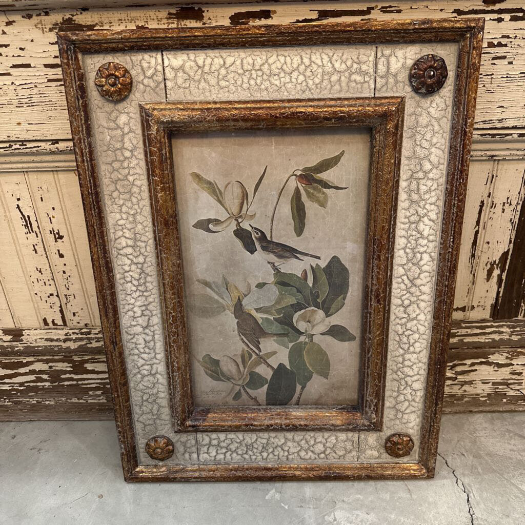 BIRD/FLORAL IN AGED FRAME