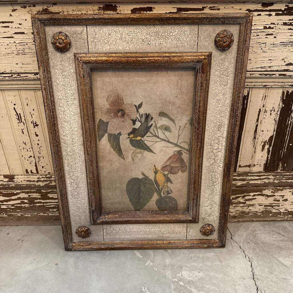 BIRD/FLORAL IN AGED FRAME