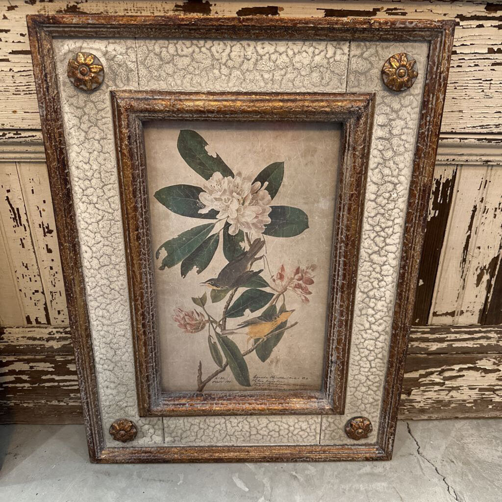 BIRD/FLORAL IN AGED FRAME