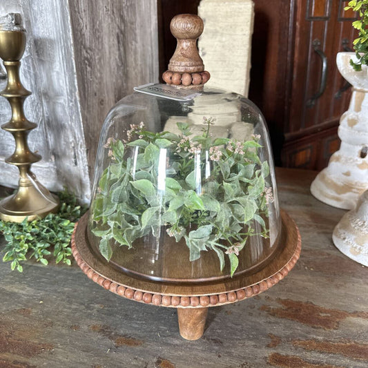 GLASS CLOCHE WITH WOOD RAISED PEDESTAL