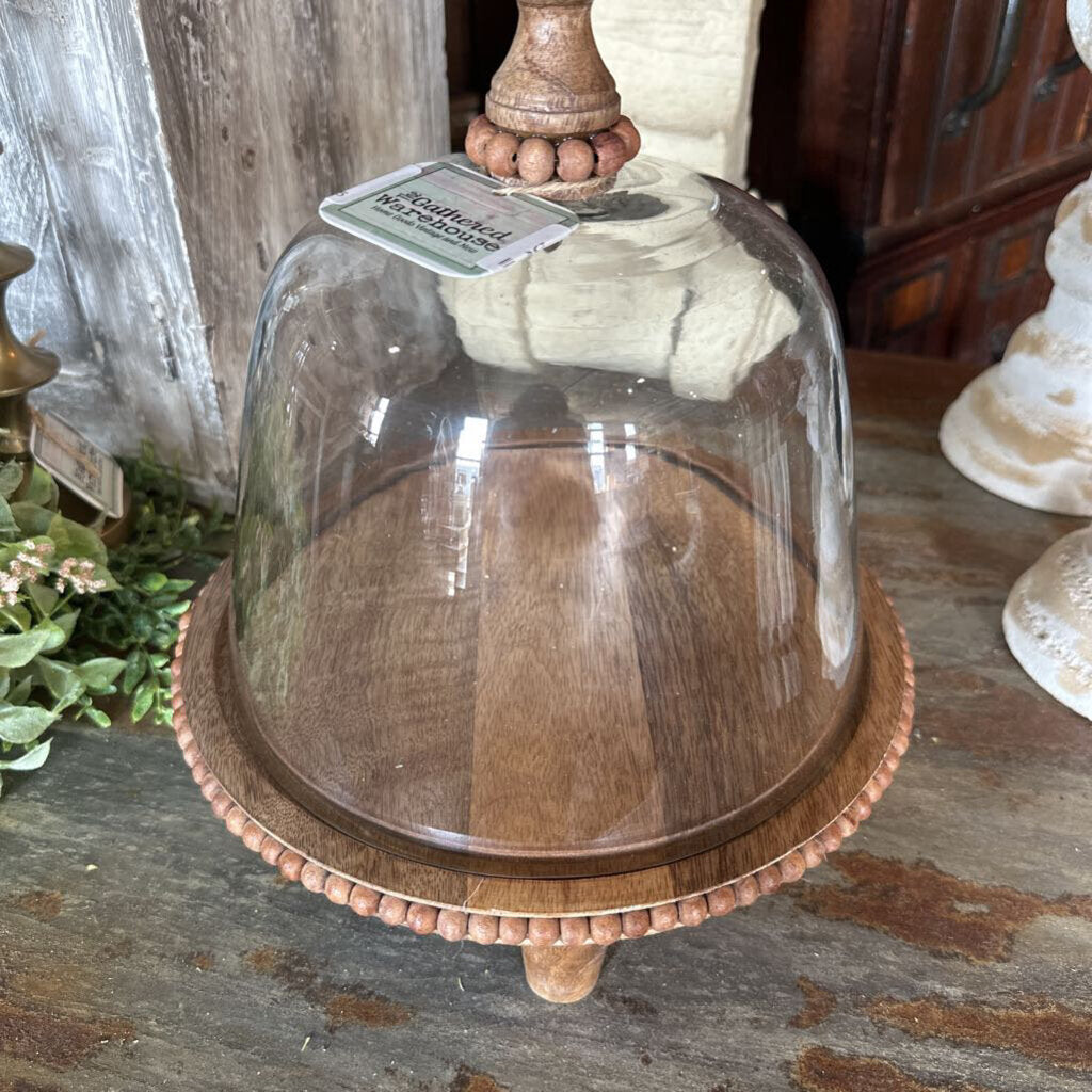 GLASS CLOCHE WITH WOOD RAISED PEDESTAL