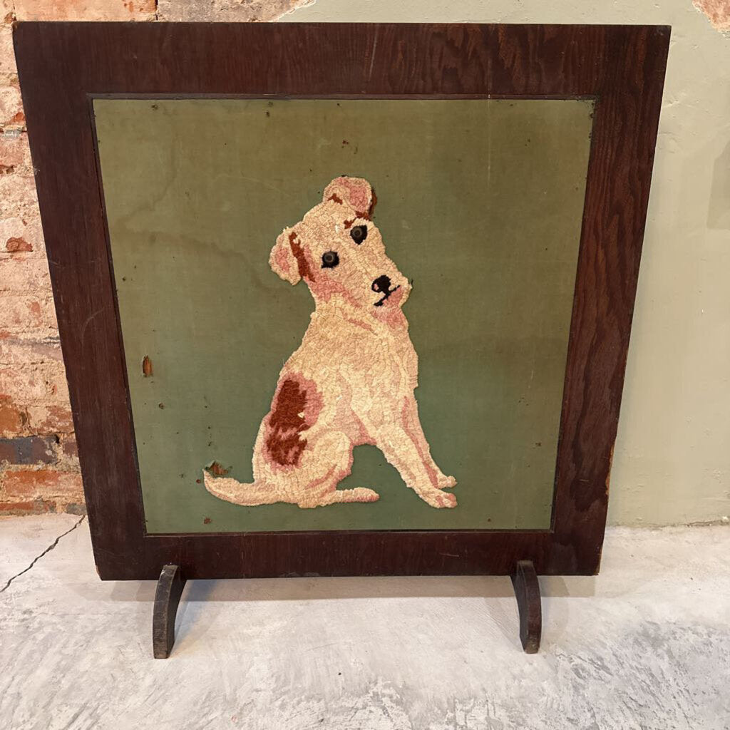 WOODEN FIREPLACE SCREEN WITH DOG