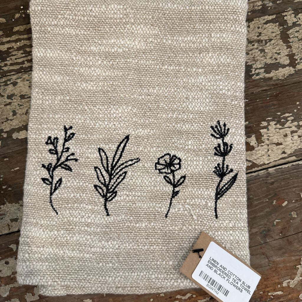 LINEN AND COTTON SLUB EMBROIDERED TEA TOWEL