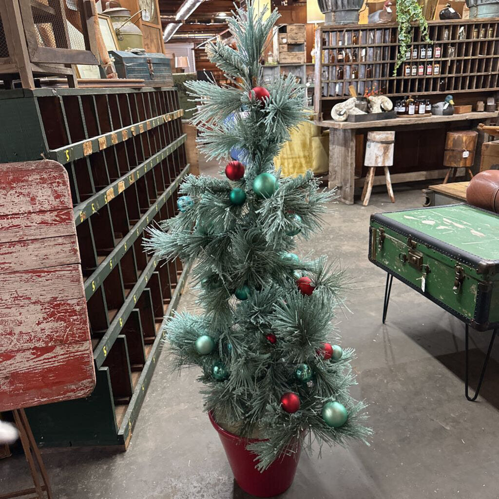 FLOCKED TREE WITH TURQUOISE AND RED ORNAMENTS