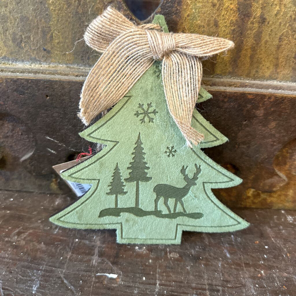 SUEDE COVERED TREE WITH DEER ORNAMENT